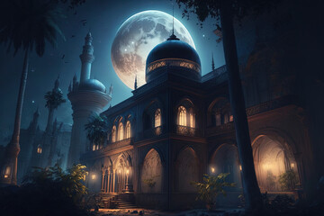 Fototapeta premium Eastern Arabic architecture, night fabulous landscape with a big moon and an oriental mosque, lanterns. AI