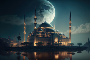 Fototapeta na wymiar Eastern Arabic architecture, night fabulous landscape with a big moon and an oriental mosque, lanterns. AI