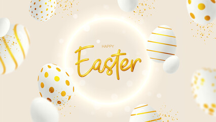 Easter greeting card template. Vector holiday illustration with golden 3d lettering, neon circle, falling decorative eggs and golden confetti. Easter decoration for decoration posters, social media.