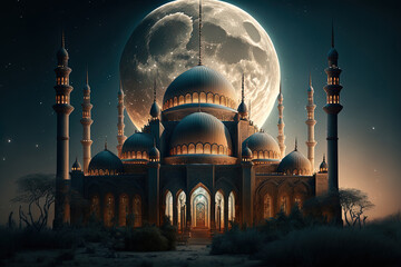 Eastern Arabic architecture, night fabulous landscape with a big moon and an oriental mosque, lanterns. AI