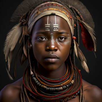 Realistic illustration in artificial intelligence. Portrait of an indigenous face with its typical ornaments