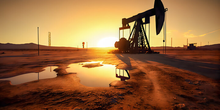 Crude oil pumpjack rig on desert silhouette in evening sunset, energy industrial machine for petroleum gas production background Ai generated