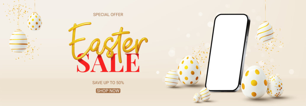 Vector banner for Easter sale. Vector holiday illustration with phone with blank display, decorative eggs and golden confetti. Happy Easter banner for presentation of products or goods.