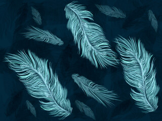 Large feathers digital painting in blue and greens. Pastel chalk artwork with dark background.