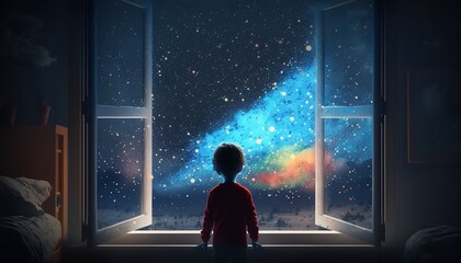 Fototapeta na wymiar A young child is gazing out a large window that is open at midnight, providing inspiration for fantasy and dream concepts. Generative Ai.