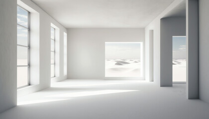 Fototapeta premium An empty white room features minimalist architecture with large windows overlooking a bright desert landscape. This spacious interior provides a clean gallery aesthetic with soft natural light.