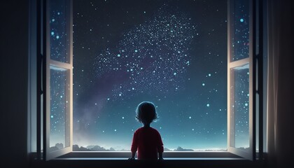 Fototapeta premium A young child is gazing out a large window that is open at midnight, providing inspiration for fantasy and dream concepts. Generative Ai.