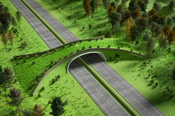 Aerial view of ecoduct or wildlife crossing - vegetation covered bridge over a motorway that allows wildlife to safely cross over - 3d rendering