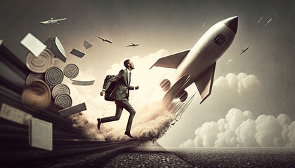 Successful career takeoff. Profitable investment, business concept. Art collage.
