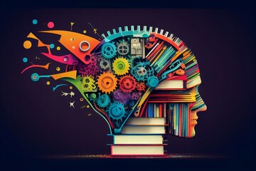 Artistic head in the form of a lightbulb with books as a metaphor for ideas and creativity