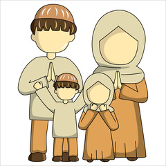 Moslem family character cartoon illustration with brown and cream outfit. Suitable for sticker pack, ramadan graphic design character elements and icon.