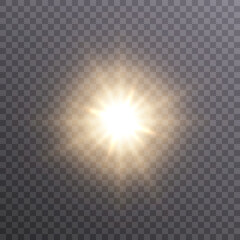 Bright sun shines with warm rays, vector illustration Glow gold star on a transparent background. Flash of light, sun, twinkle. Vector for web design and illustrations.	