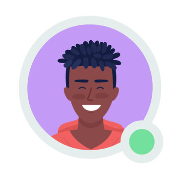 Excited boy with kinky hair flat vector avatar icon with green dot. Editable default persona for UX, UI design. Profile character picture with online status indicator. Color messaging app user badge