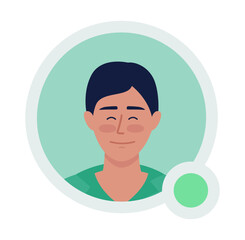 Cheerful neat man flat vector avatar icon with green dot. Editable default persona for UX, UI design. Profile character picture with online status indicator. Color messaging app user badge