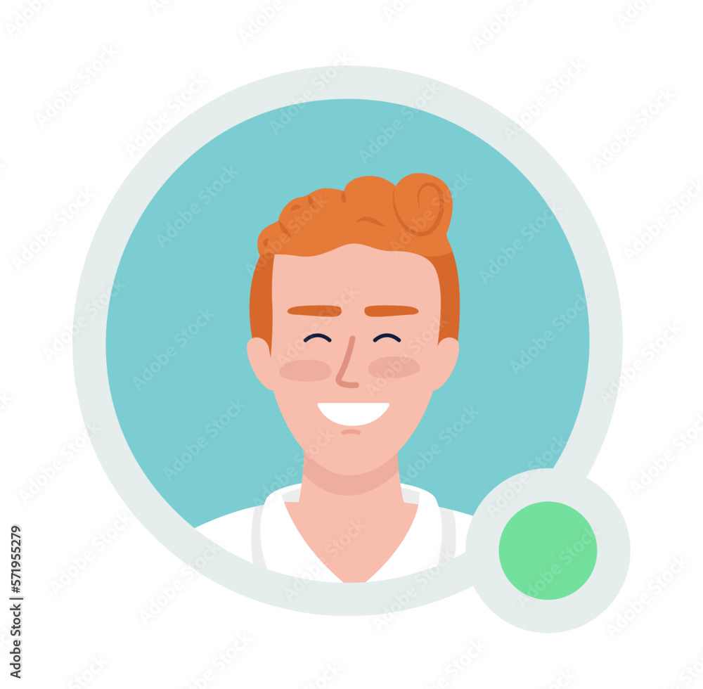 Poster happy man with curly red hair flat vector avatar icon with green dot. editable default persona for u
