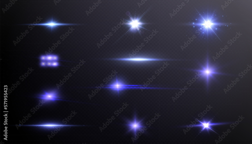 Poster set of purple glowing light effects isolated on transparent background. light lines. solar flare wit