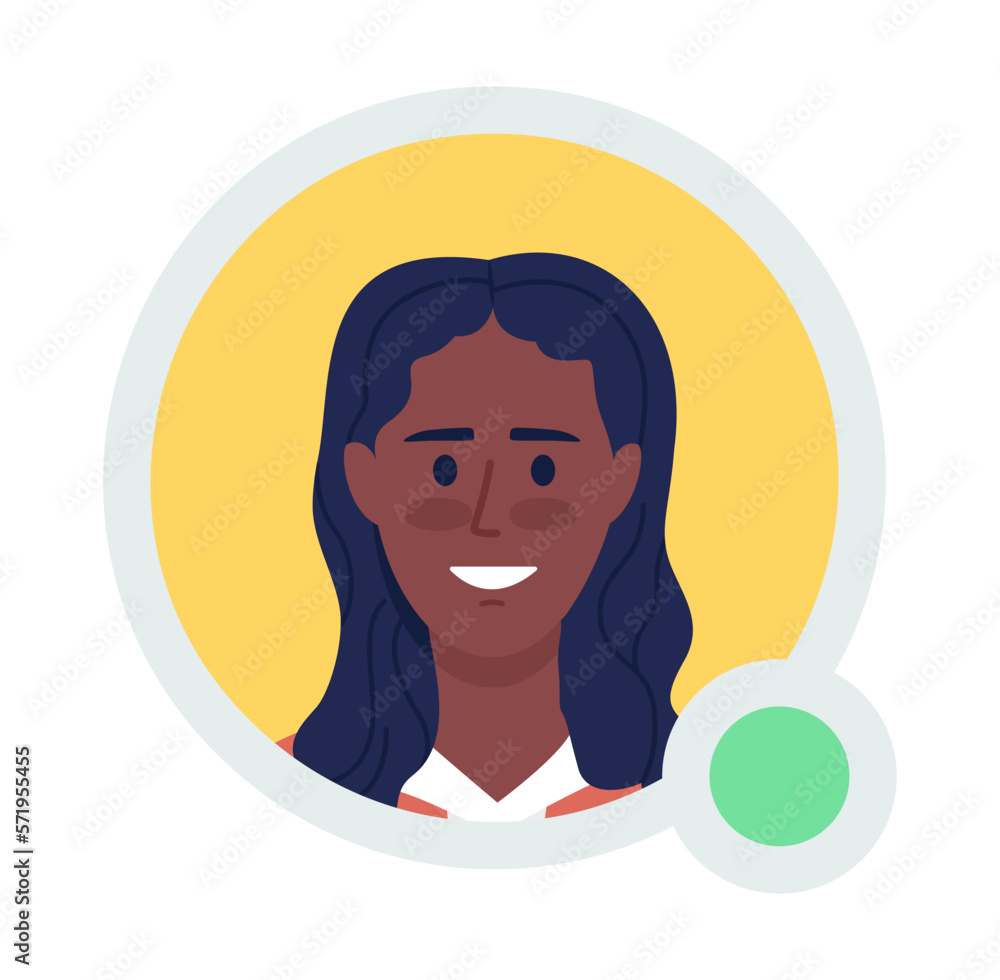 Poster smiling female student flat vector avatar icon with green dot. editable default persona for ux, ui d