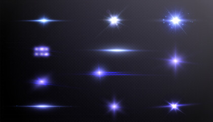 Set of purple glowing light effects isolated on transparent background. light lines. Solar flare with rays and glare. glow effect. Starburst with shimmering sparkles.