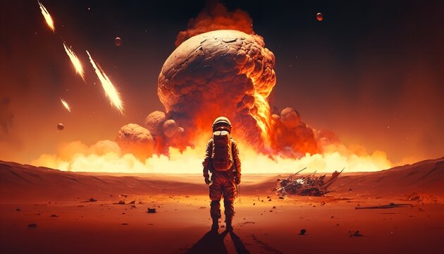 Illustration of an astronaut with a flaming, crashing aircraft&nbsp;in front of them. Generative Ai.
