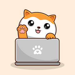 Cat Playing Laptop Notebook - White Orange Pussy Cat Play Laptop