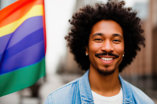 Generative AI illustration of Hispanic man with LGBT flag