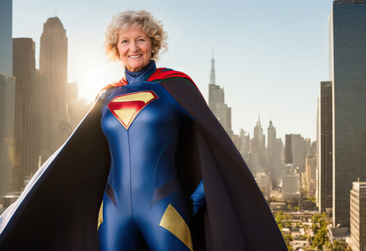 Generative AI illustration of aged female superhero flying over city