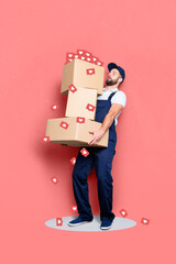 Vertical collage picture of hardworking courier guy hands hold pile stack boxes like notification isolated on creative background