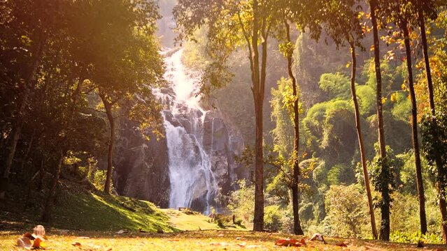 Amazing Waterfall in Tropical Rainforest Cinematic 4K Slowmotion Natural Wild Scene Footage. Thailand.