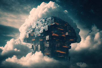 Fototapeta na wymiar Cloud storage database. Modern neon abstract. Sky with clouds, cyber cloud, space platform. AI