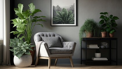 Grey armchair next to a wooden table in living room interior with plant and poster. generative ai