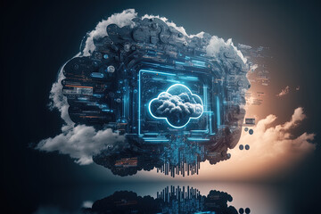 Cloud storage database. Modern neon abstract. Sky with clouds, cyber cloud, space platform. AI