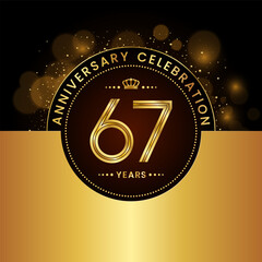 67th Anniversary Celebration. logo design with golden numbers and text for birthday celebration event, invitation, wedding, greeting card, banner, poster, flyer, brochure. Logo Vector Template