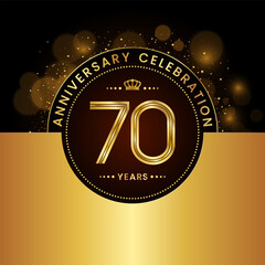70th Anniversary Celebration. logo design with golden numbers and text for birthday celebration event, invitation, wedding, greeting card, banner, poster, flyer, brochure. Logo Vector Template