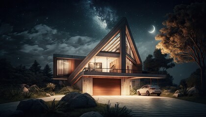 modern cozy house with parking and pool for sale or rent with wood plank facade and beautiful landscaping on background. Clear summer night with many stars on the sky. generative ai