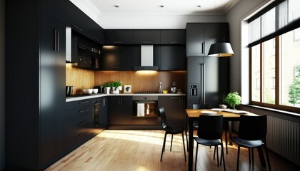 Fototapeta premium Modern kitchen with black furniture and wooden floor. generative ai