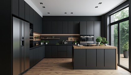 Modern kitchen with black furniture and wooden floor. generative ai