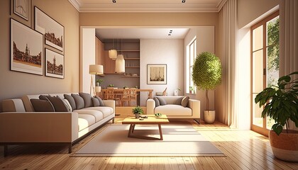 Obraz na płótnie Canvas Modern villa living room design interior, beige furniture, bright walls, hardwood flooring, sofa, armchair with lamp. generative ai