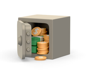 Realistic 3d icon of vault or safe box with money and coins