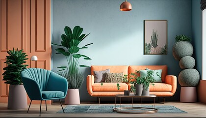 Orange and light blue colored contemporary living room, pastel colors, sofa, armchair, carpet, concrete walls, potted plant, copper lamp. generative ai