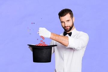 Creative collage image of positive magician guy arm hold hat throw like notification isolated on...