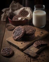 chocolate chip cookies on a wooden table, jar of milk