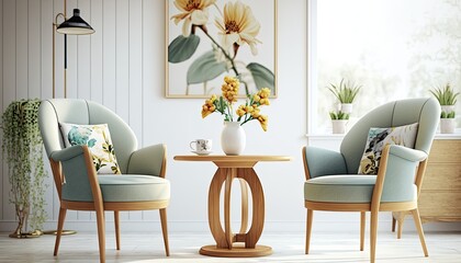 Wooden chairs at table with flowers in bright living room interior with armchair. generative ai