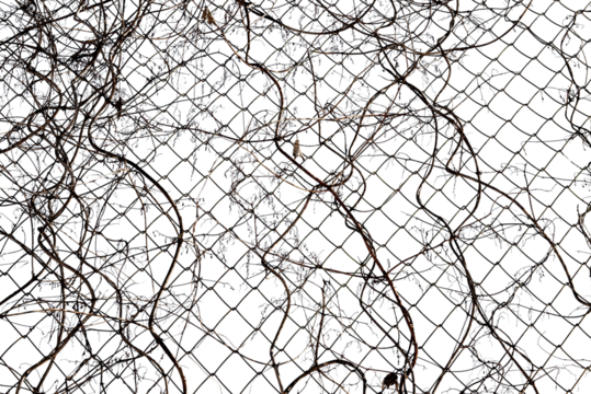 Dry, withered plants hang on a metal grid on a white background. Net