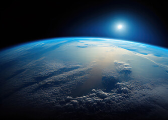 Planet Earth cutvature. Aerial view of blue planet from space. Sunrise over globe land and ocean. Generative AI	