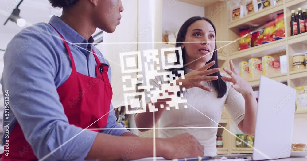 Poster animation of qr code and data processing over diverse people using laptop in shop