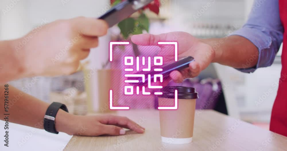Poster animation of qr code and data processing over dman paying with smartphone in shop