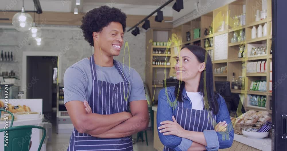 Poster animation of data processing over diverse people working in shop