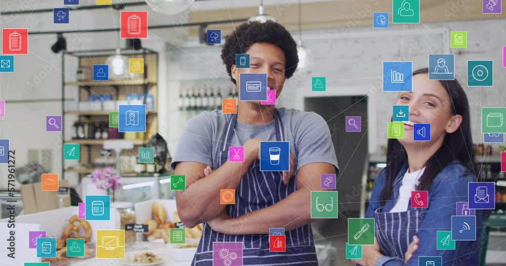 Poster animation of icons and data processing over diverse people working in shop