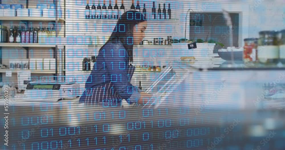 Poster animation of binary coding data processing over woman working in shop