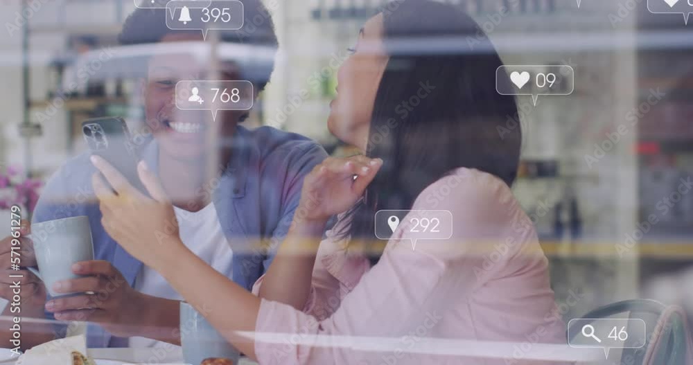 Aufkleber animation of icons and data processing over diverse people working in shop